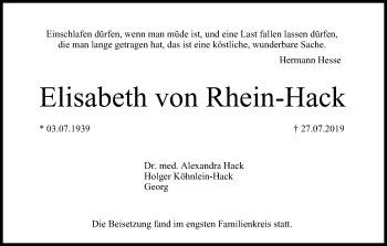 Traueranzeige von Elisabeth von Rhein-Hack