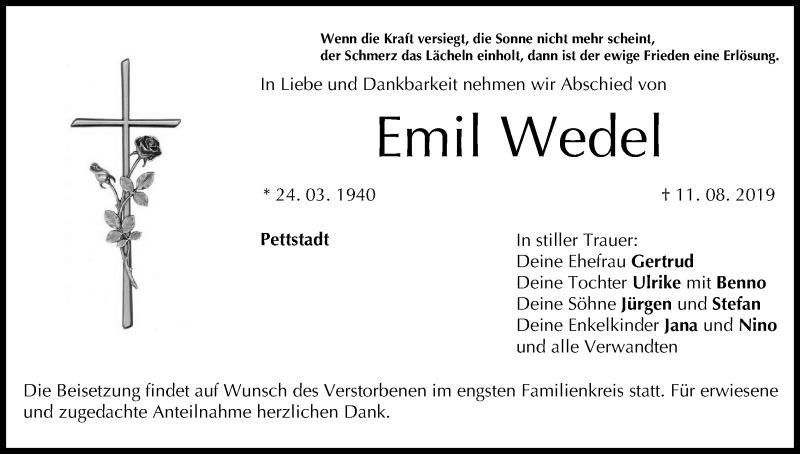  Traueranzeige für Emil Wedel vom 17.08.2019 aus MGO