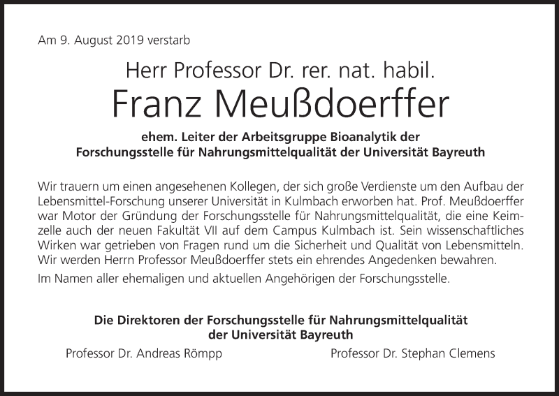  Traueranzeige für Franz Meußdoerffer vom 20.08.2019 aus MGO