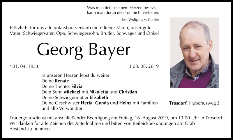  Traueranzeige für Georg Bayer vom 13.08.2019 aus MGO