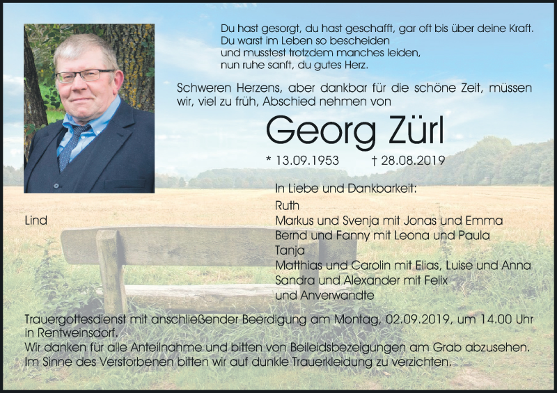  Traueranzeige für Georg Zürl vom 30.08.2019 aus MGO