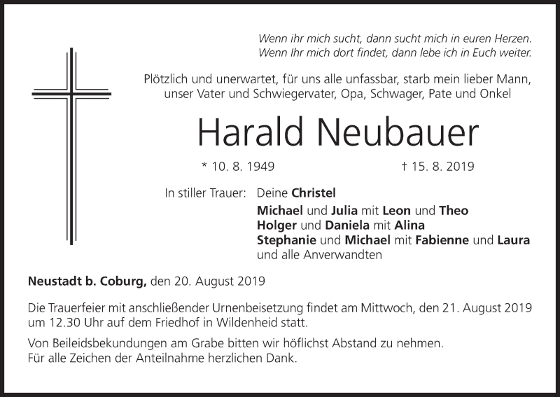  Traueranzeige für Harald Neubauer vom 20.08.2019 aus MGO