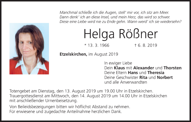  Traueranzeige für Helga Rößner vom 12.08.2019 aus MGO