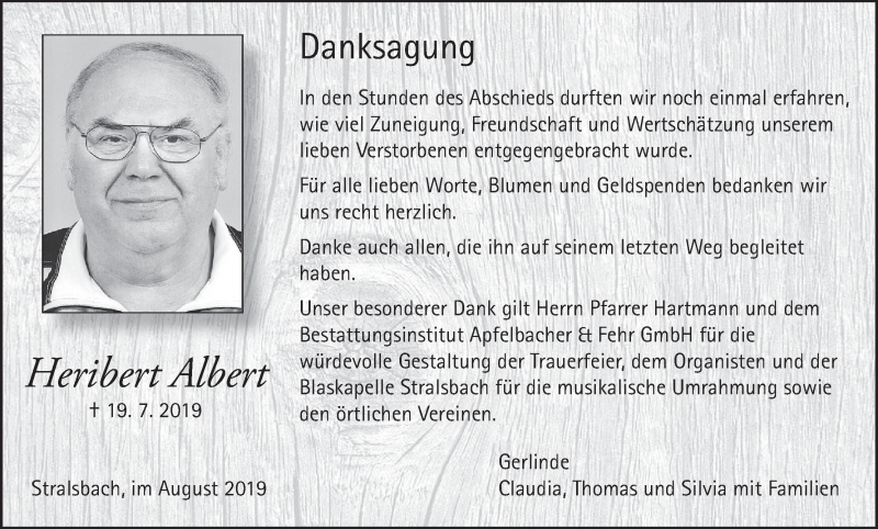  Traueranzeige für Heribert Albert vom 10.08.2019 aus MGO