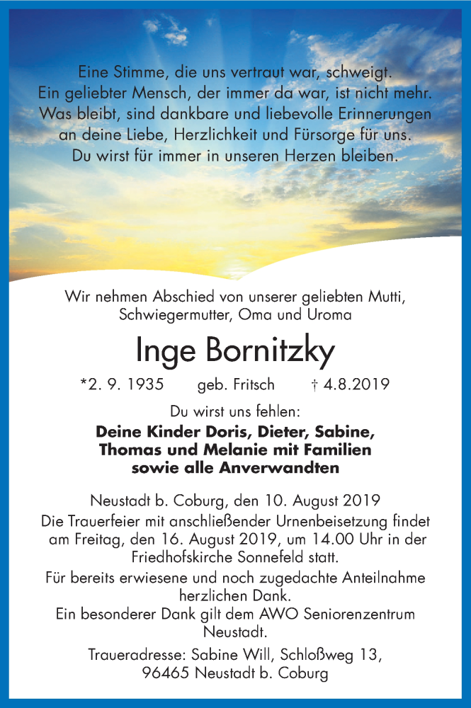  Traueranzeige für Inge Bornitzky vom 10.08.2019 aus MGO