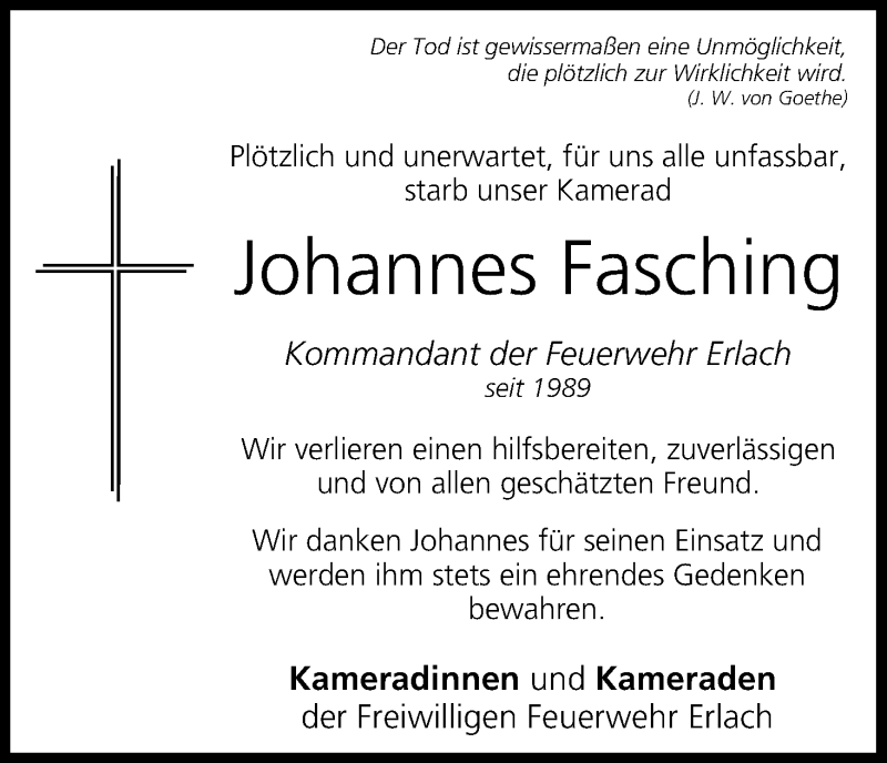  Traueranzeige für Johannes Fasching vom 24.08.2019 aus MGO