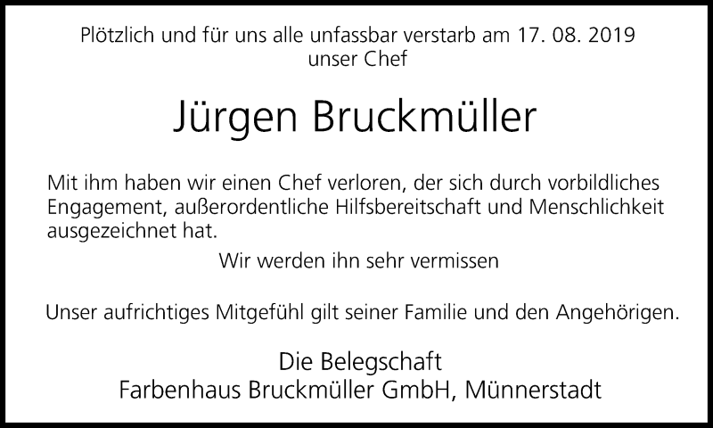  Traueranzeige für Jürgen Bruckmüller vom 22.08.2019 aus MGO