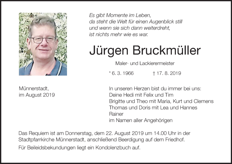  Traueranzeige für Jürgen Bruckmüller vom 20.08.2019 aus MGO