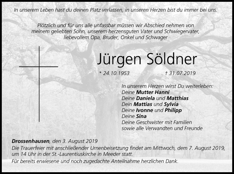  Traueranzeige für Jürgen Söldner vom 03.08.2019 aus MGO