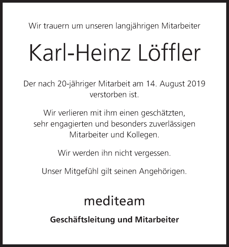  Traueranzeige für Karl-Heinz Löffler vom 17.08.2019 aus MGO