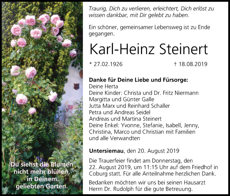 Traueranzeige für Karl-Heinz Steinert vom 20.08.2019 aus MGO