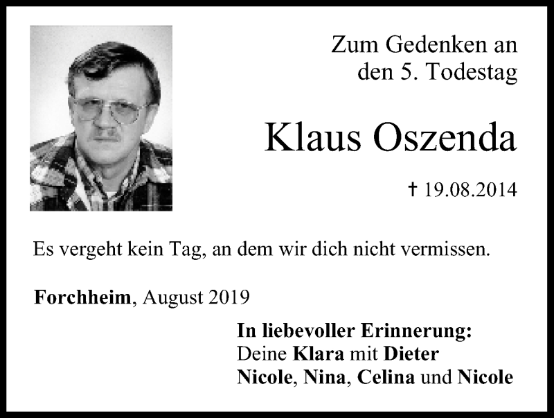  Traueranzeige für Klaus Oszenda vom 19.08.2019 aus MGO