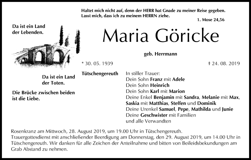  Traueranzeige für Maria Göricke vom 27.08.2019 aus MGO