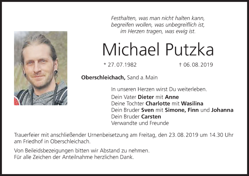  Traueranzeige für Michael Putzka vom 21.08.2019 aus MGO