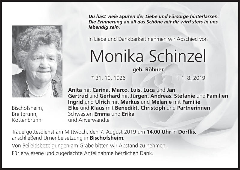  Traueranzeige für Monika Schinzel vom 03.08.2019 aus MGO