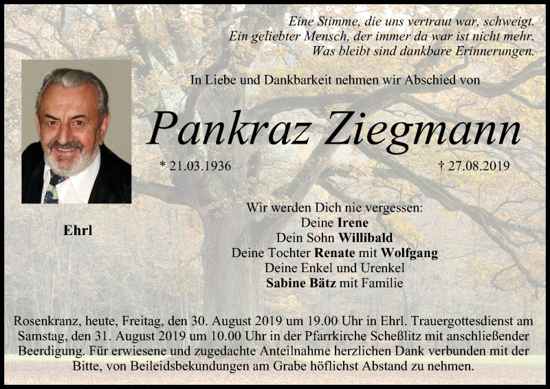  Traueranzeige für Pankraz Ziegmann vom 30.08.2019 aus MGO