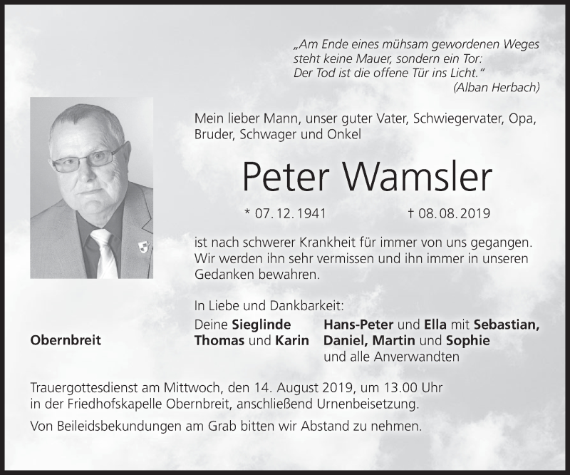  Traueranzeige für Peter Wamsler vom 10.08.2019 aus MGO