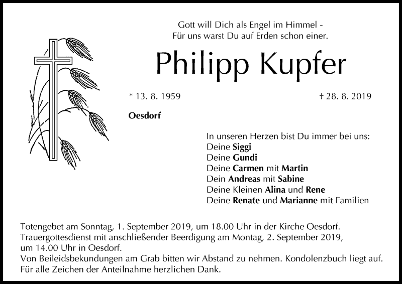  Traueranzeige für Philipp Kupfer vom 30.08.2019 aus MGO