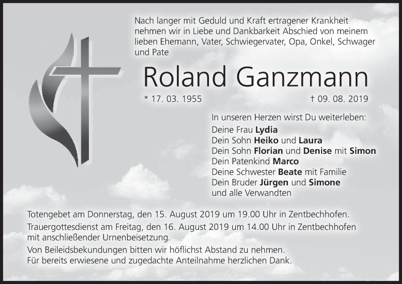  Traueranzeige für Roland Ganzmann vom 13.08.2019 aus MGO