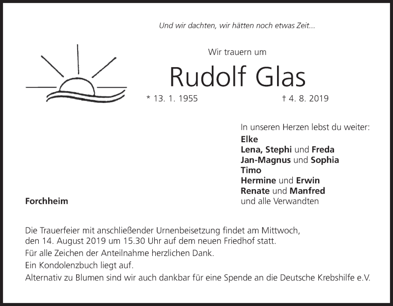  Traueranzeige für Rudolf Glas vom 10.08.2019 aus MGO