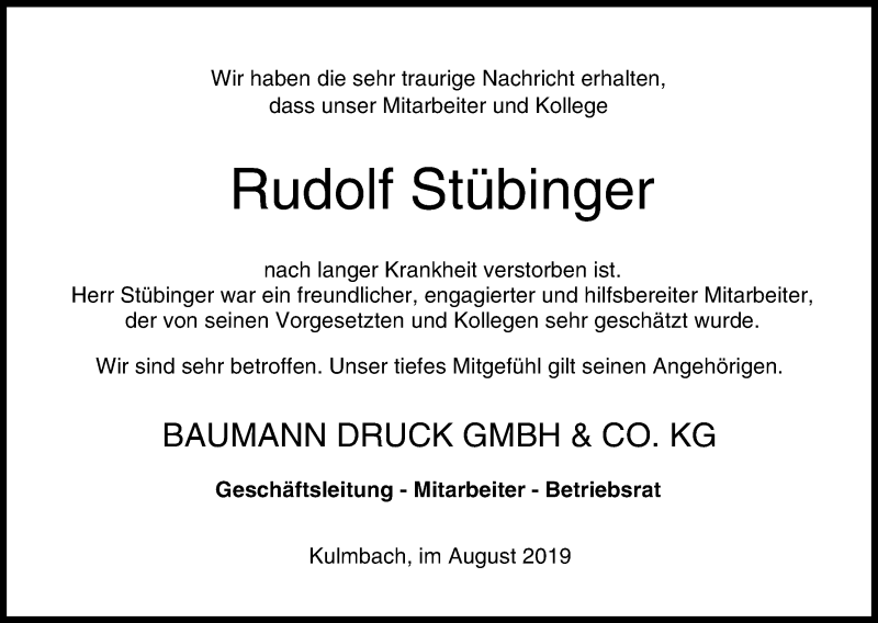  Traueranzeige für Rudi Stübinger vom 17.08.2019 aus MGO