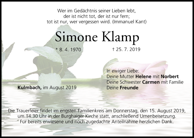  Traueranzeige für Simone Klamp vom 13.08.2019 aus MGO