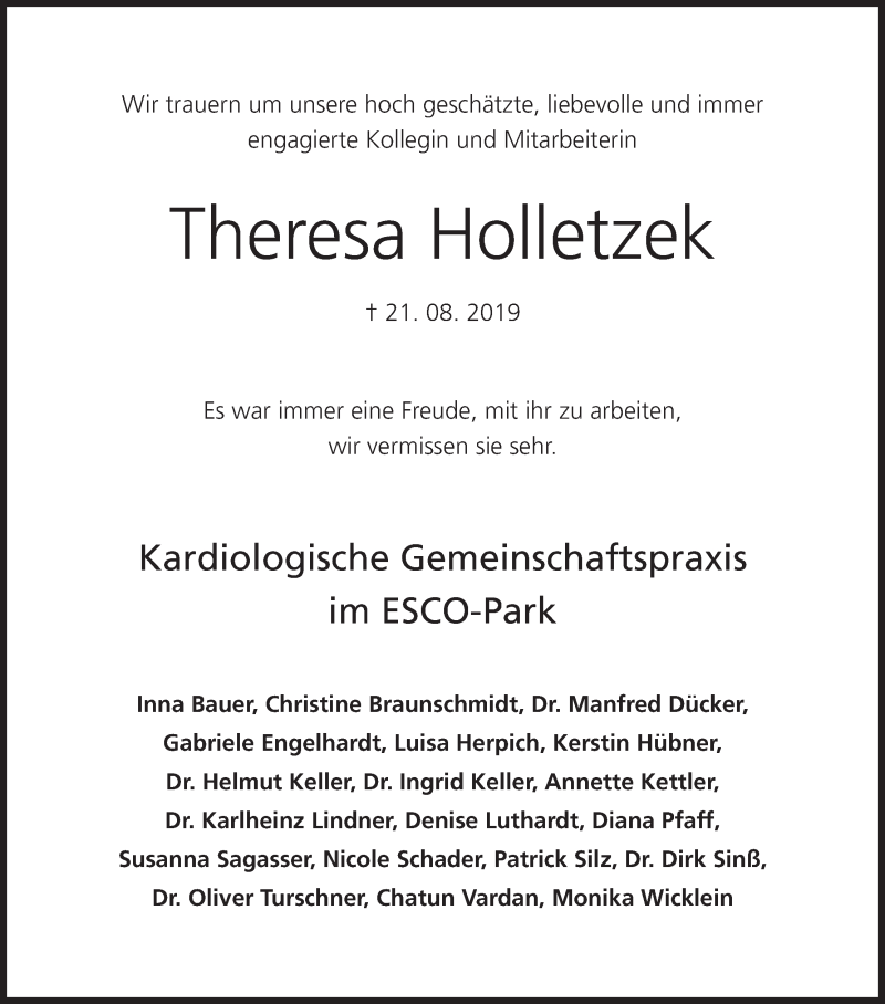  Traueranzeige für Theresa Holletzek vom 27.08.2019 aus MGO
