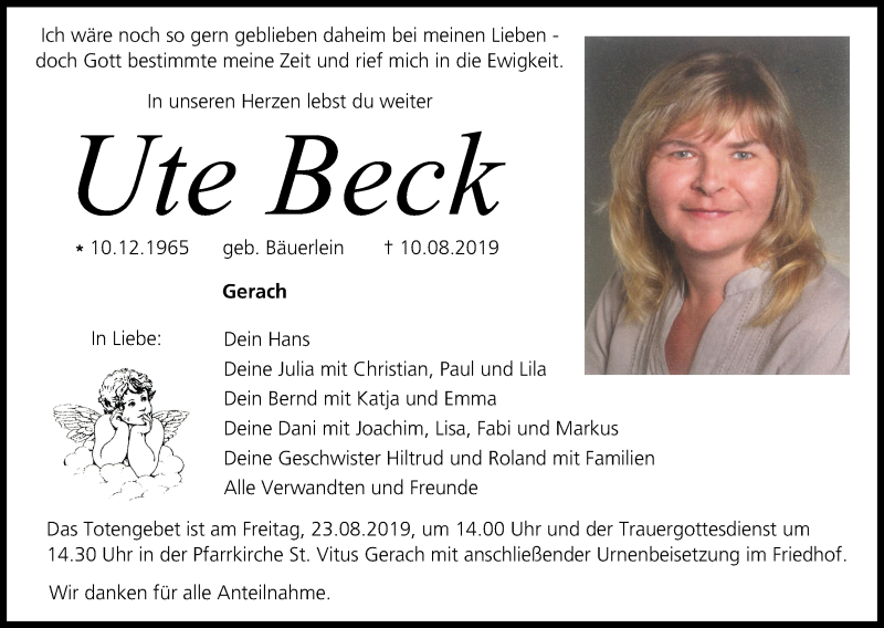 Ute Beck | Traueranzeige | trauer.inFranken.de