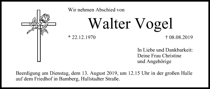  Traueranzeige für Walter Vogel vom 10.08.2019 aus MGO