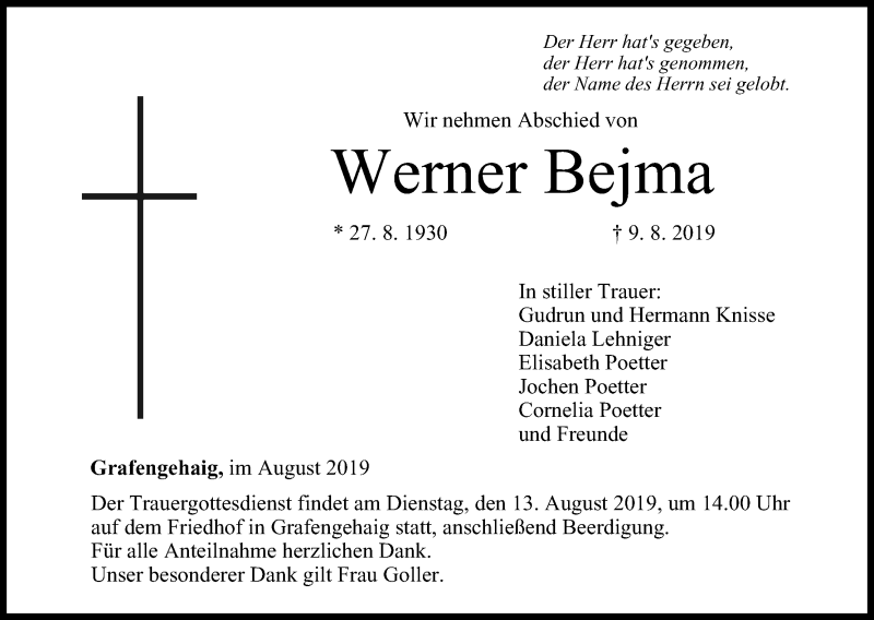  Traueranzeige für Werner Bejma vom 10.08.2019 aus MGO