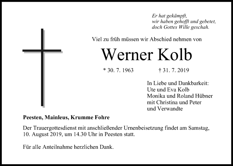  Traueranzeige für Werner Kolb vom 07.08.2019 aus MGO