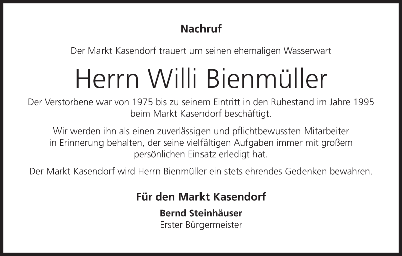  Traueranzeige für Willi Bienmüller vom 08.08.2019 aus MGO