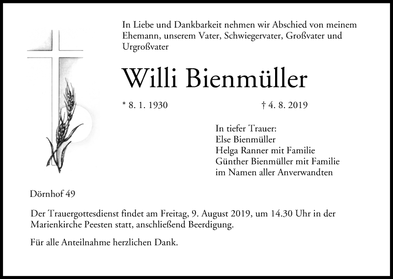  Traueranzeige für Willi Bienmüller vom 07.08.2019 aus MGO