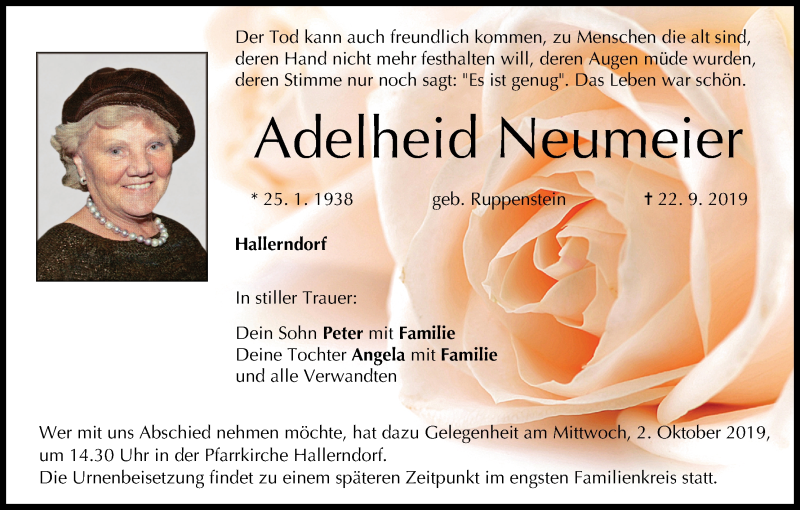  Traueranzeige für Adelheid Neumeier vom 28.09.2019 aus MGO