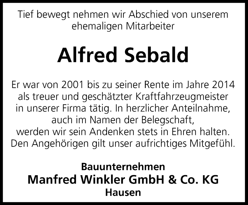  Traueranzeige für Alfred Sebald vom 26.09.2019 aus MGO