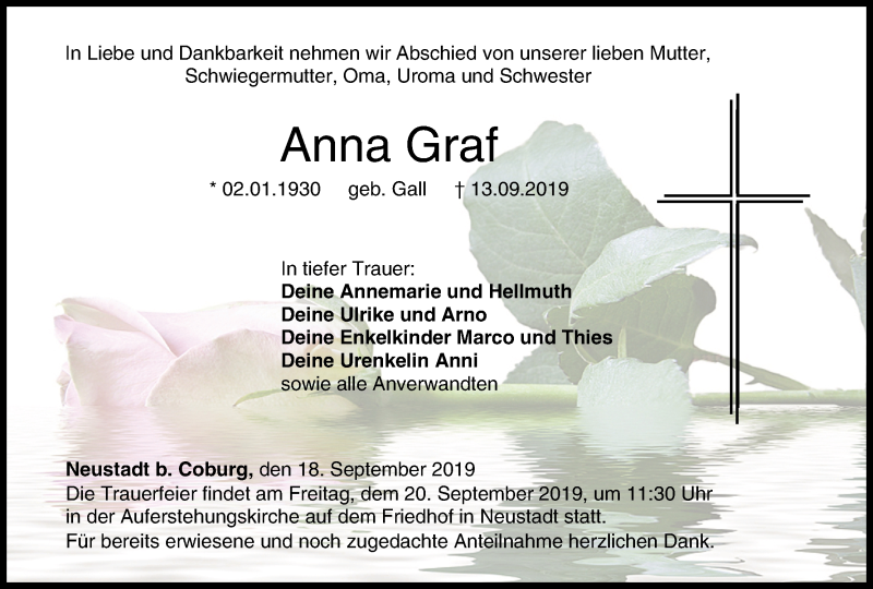  Traueranzeige für Anna Graf vom 18.09.2019 aus MGO