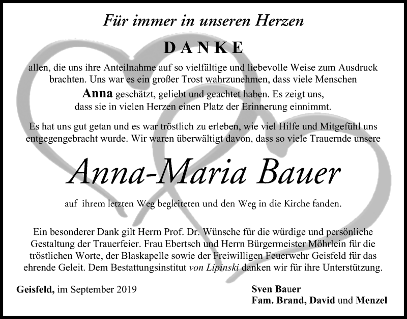  Traueranzeige für Anna-Maria Bauer vom 07.09.2019 aus MGO