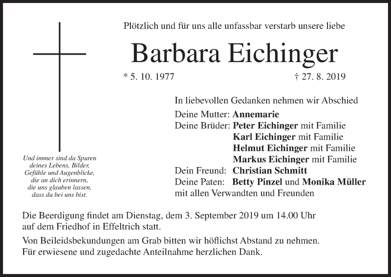  Traueranzeige für Barbara Eichinger vom 31.08.2019 aus MGO