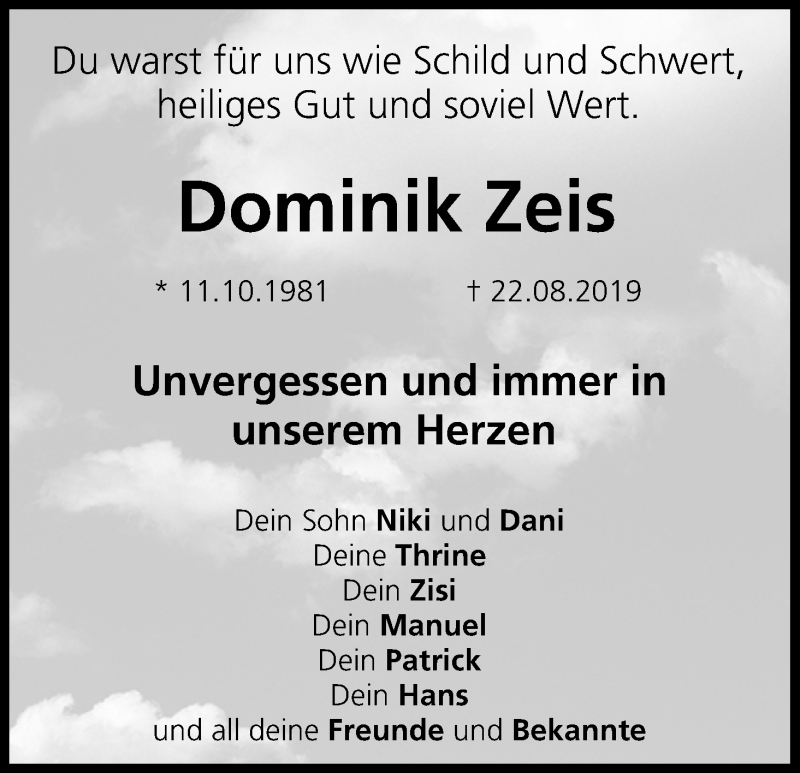  Traueranzeige für Dominik Zeis vom 31.08.2019 aus MGO