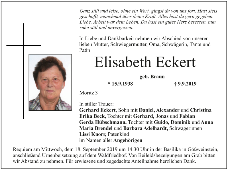  Traueranzeige für Elisabeth Eckert vom 14.09.2019 aus MGO