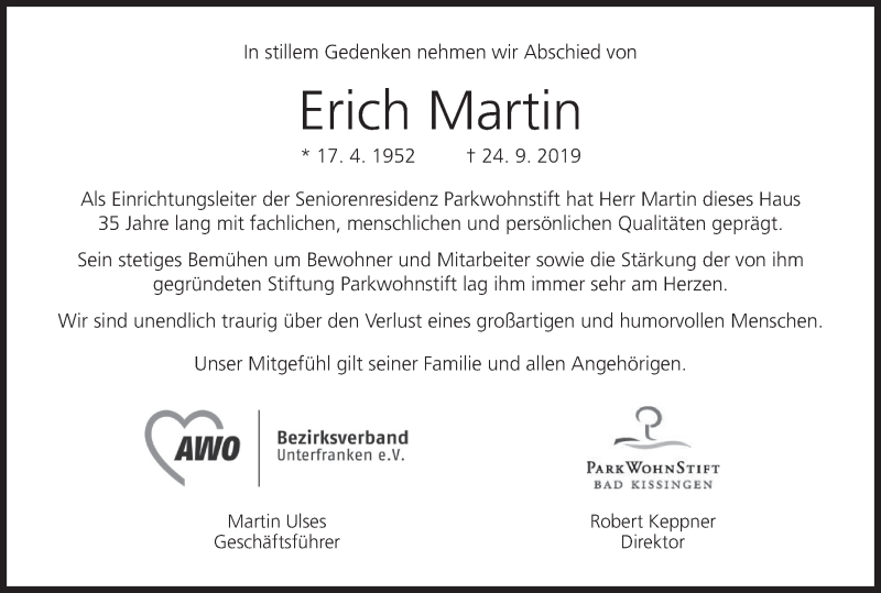  Traueranzeige für Erich Martin vom 28.09.2019 aus MGO