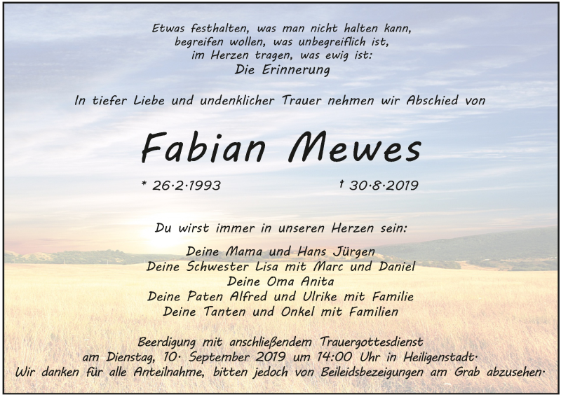  Traueranzeige für Fabian Mewes vom 07.09.2019 aus MGO