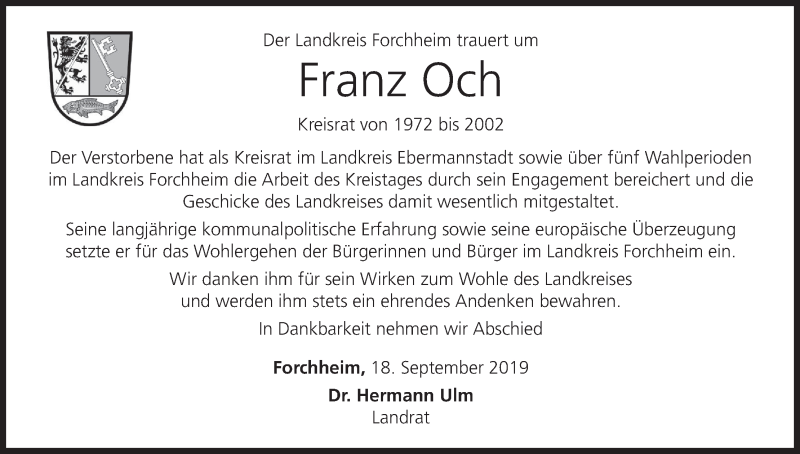  Traueranzeige für Franz Och vom 19.09.2019 aus MGO