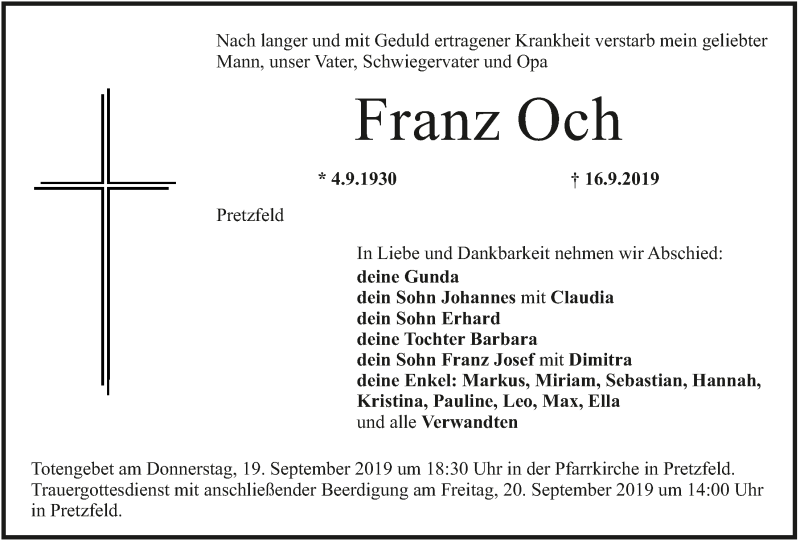  Traueranzeige für Franz Och vom 18.09.2019 aus MGO