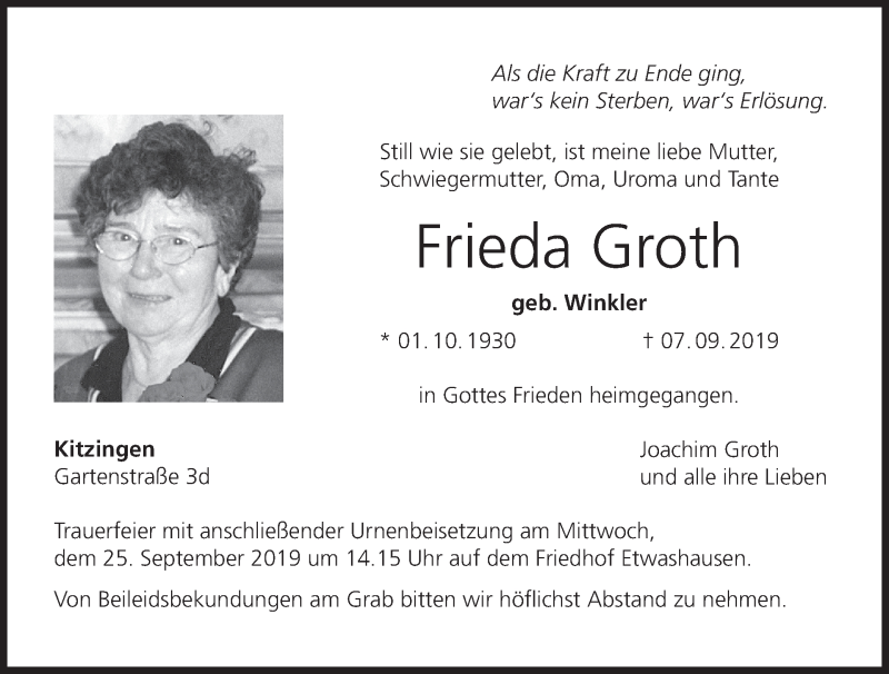  Traueranzeige für Frieda Groth vom 21.09.2019 aus MGO