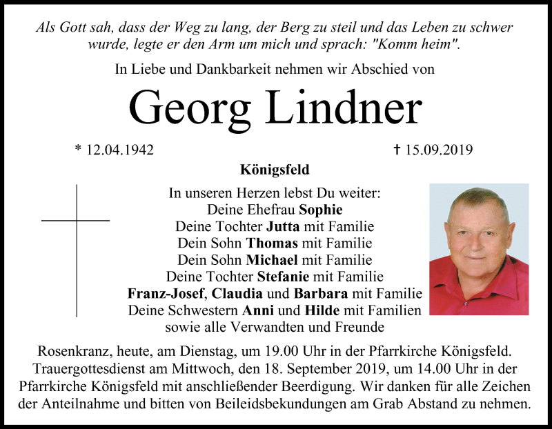  Traueranzeige für Georg Lindner vom 17.09.2019 aus MGO