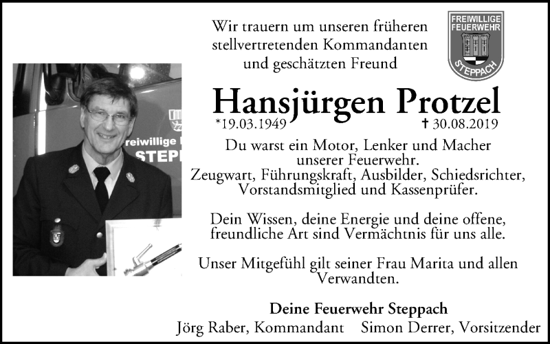  Traueranzeige für Hansjürgen Protzel vom 03.09.2019 aus MGO