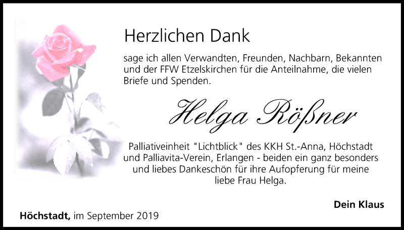  Traueranzeige für Helga Rößner vom 10.09.2019 aus MGO
