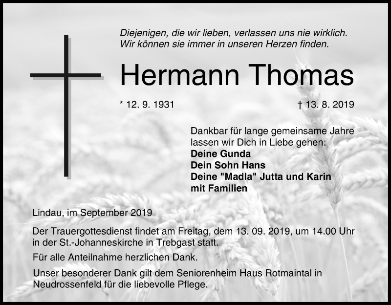  Traueranzeige für Hermann Thomas vom 11.09.2019 aus MGO