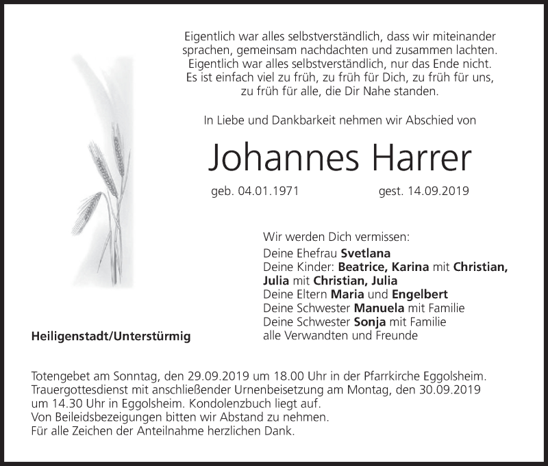 Johannes Harrer | Traueranzeige | trauer.inFranken.de